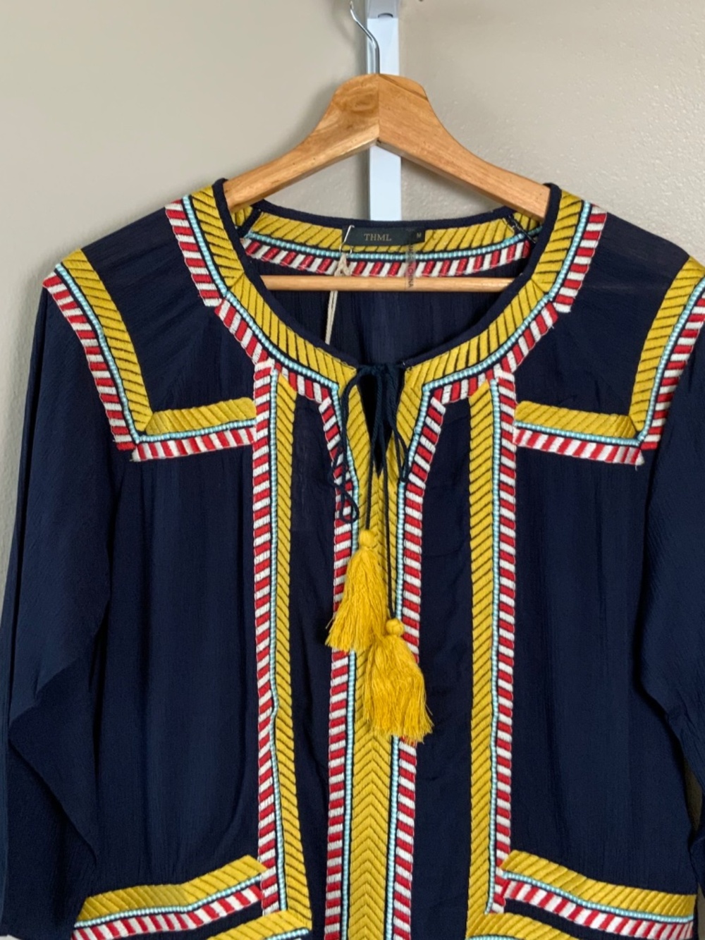 THML Embroidered Tassel Tie 3/4 Sleeve Top - Picture 3 of 16